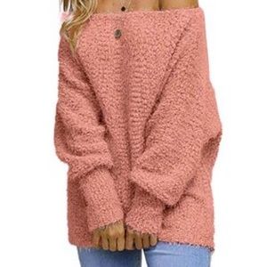 Super cute comfy pink popcorn knit off the shoulder sweater.